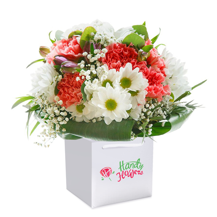 Displayed upright in an immaculate white gift bag, this bouquet from Manor House speaks of floral abundance and refined craftsmanship. Soft coral and blush-pink carnations fan out in lush, ruffled layers, their velvety petals rich with subtle gradations of hue. Bright white daisy-chrysanthemums, highlighted by zesty, lime-green centers, add a note of refreshing contrast reminiscent of strolls through nearby Gillespie Park. Interlaced are slender sprays of white baby's breath, whose tiny, cloud-like blossoms introduce an airy, whimsical feel, as if a gentle spring breeze has swept through N4. Tucked discreetly along one side, the purple-tinged tips of closed buds create a sense of withheld promise, drawing the eye and adding depth to the composition. The bouquet is wrapped in a ring of deep, glossy green foliage, the leaves wide and polished, gently embracing every bloom in a show of support and vitality. Thick white ribbon handles arch from the top of the bag, inviting easy, elegant delivery-be it to a friend in Manor House, a neighbour on Hermitage Road, or a loved one celebrating a milestone. Every element stands out against a pure, seamless white background, accentuating both freshness and meticulous presentation. Ideal for an array of occasions-from heartfelt birthdays and anniversaries to spontaneous tokens of affection-this floral gift embodies the spirit and natural beauty of Manor House, promising to bring a breath of brightness into any local home.