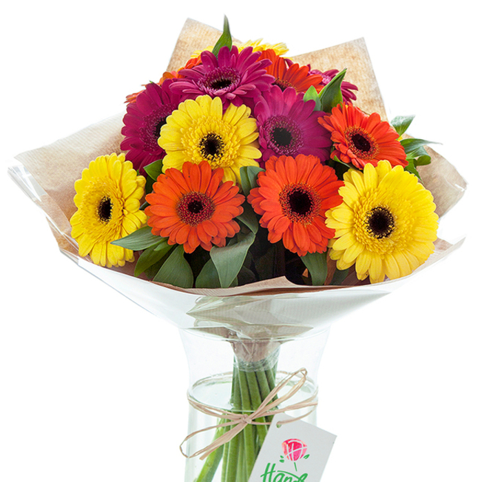 Standing proudly in a slender clear vase, a lavish bouquet of freshly cut Gerbera daisies lights up the scene with exuberance and sophisticated artistry, as might be seen in a window display on Green Lanes. The flowers-a vivid blend of golden yellows, sunset oranges, and plush fuchsia-form a joyful tapestry, their dramatic dark centers lending rich contrast and drawing out each colour's unique brilliance. Carefully hand-tied, the stems are elegantly wrapped first in a softly textured layer of light brown kraft paper, infusing the design with rustic warmth, then finished with protective, gleaming cellophane that sparkles beneath the studio lights. Wisps of emerald-green leaf peep between the blossoms, enhancing the sense of fullness and harmony. Around the gathered stems, a length of textured raffia is knotted in a gentle bow, from which hangs a small rectangular tag adorned with a stylized red rose, suggesting the bouquet's intent as a thoughtful gift. The water within the vase invites longevity, echoing the bouquet's promise to brighten celebrations, message gratitude, or elevate home spaces from Harringay to Manor House. This image speaks clearly of professional artistry-an eloquent symbol of affection and local flare, handcrafted by those who understand the spirit of the neighbourhood.