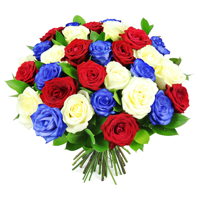 A sumptuous cluster of roses in red, white, and royal blue forms an almost perfectly spherical bouquet, the kind of considered design that might be created in a small, well-loved workshop near Manor House station. The roses are densely packed, each blossom nestled closely to its neighbour so that the viewer sees almost nothing but spirals of velvety petals. Rich crimson roses provide a passionate foundation, their colour reminiscent of deep ruby wine, while the white roses soften the palette with creamy, luminous tones that echo fine ivory or porcelain. Threaded through this classic duo are vivid blue roses, their royal shade striking and slightly unexpected, adding a contemporary, patriotic flair that instantly suggests national pride and remembrance. Between the blooms, short flashes of dark, glossy foliage are visible, their firm, waxy texture contrasting with the softness of the petals and subtly outlining the shape of the bouquet. The stems, visible at the base, are tightly bound and freshly cut, showing a careful, professional finish as if the bouquet is moments away from being wrapped for delivery to a home off Green Lanes or a ceremony near Finsbury Park. The background is a seamless, pure white, allowing every nuance of colour and shadow to stand out with clarity, and casting a gentle halo around the outermost petals. The mood conveyed is both bold and respectful, suitable for local memorials, Armed Forces Day events, or personal moments of gratitude and reflection. The composition feels intentional and balanced, with no shade overpowering another, capturing a sense of unity and shared purpose within the Manor House community.