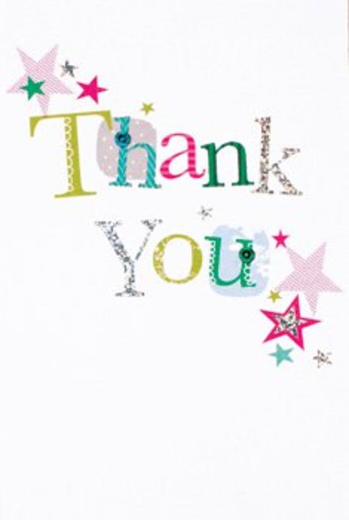 With an air of quietly exuberant celebration, this thank you card sits as if waiting to be tucked alongside a locally crafted bouquet. The smoothly flowing letters of 'Thank You' glimmer in shades of grass green, radiant pink, and calm blue, each form tracing a different personality-some swirling whimsically, others poised with gentle grace. Here and there, you find a sprinkle of silver glitter or delicate stitched dots, giving the impression of expert handwork similar to carefully arranged florals from Manor House Florist. Around the greeting, clusters of stars-magenta, turquoise, silvery streaks-drift, blessing the card with extra animation, as though echoing festive lights strung along Green Lanes in spring. The arrangement is balanced, modern yet timeless, with crisp white space creating an airy ambiance, poised between sophistication and pure joy. This universal design lets gratitude shine through with elegance, serving as a fitting companion to a thank you bouquet for neighbours near Finsbury Park or a friend celebrating along Seven Sisters Road. The whole effect is an embrace-fresh, genuine, and tender in its appreciation.