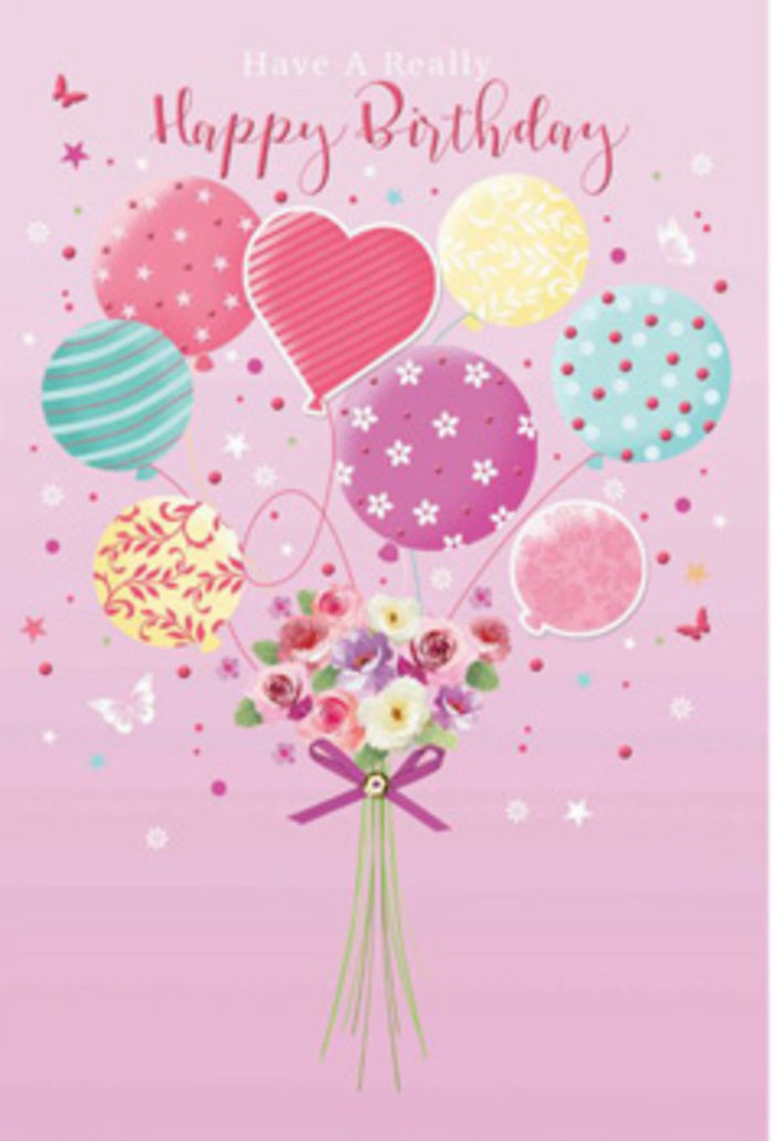 A softly whimsical birthday design unfolds like a daydream, with a floating bouquet of balloons and flowers that would feel at home in any Manor House celebration. The background is a gentle blush, reminiscent of an early evening sky over Finsbury Park when the light is still warm. Rising from the centre is a cluster of pastel balloons, their rounded shapes overlapping in layers of soft pink, minty green, buttery yellow, and lilac. Each balloon has its own personality: some are wrapped in curling stripes that twist like festive ribbons, others are dusted with cheerful polka dots, while a heart-shaped balloon near the middle seems to glow a little brighter, quietly radiating affection. Below, where the strings would gather, a hand-tied bouquet anchors the composition. Small roses and daisy-like or anemone-style blossoms nestle together in creamy ivory, blush pink, and delicate mauve, their petals appearing feathery and full of movement. You can almost imagine touching the satiny petals and catching a hint of fresh, sweet fragrance. A rich purple bow secures the stems, adding a polished note of birthday elegance. Around the main cluster, tiny star shapes and fluttering butterflies drift across the pink ground, suggesting confetti floating on a gentle breeze along Green Lanes after a party. The lighting in the artwork is soft but purposeful, catching the curves of the balloons and the edges of the petals so they seem to glow. The result is a design that feels both playful and tender, like a carefully chosen birthday card delivered to a loved one nearby, turning a simple greeting into a moment of real delight and connection.