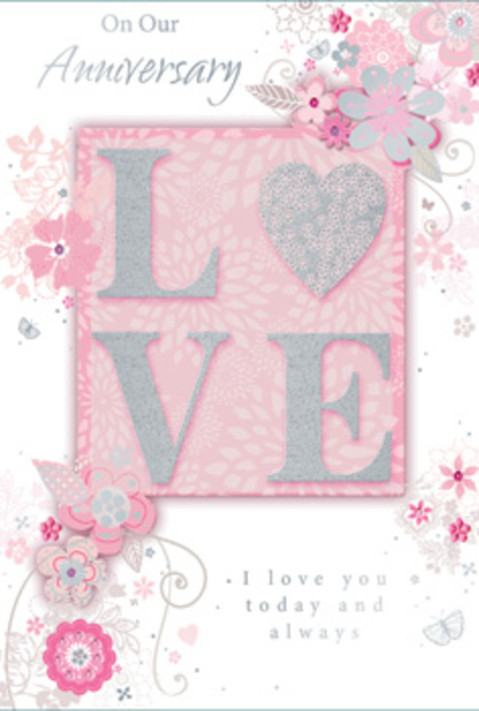 The anniversary card in this image feels like a paper bouquet, artfully composed in the same spirit as a romantic arrangement prepared in a Manor House flower shop. At its heart, the word "LOVE" appears in bold, capital letters, each character gently raised from the surface and dusted with fine glitter. The texture looks almost velvety, catching glimmers of silver as if reflecting soft evening light over Finsbury Park. The letters blend blush pink and pearlescent white tones, creating a luminous effect against a tender, rosy-pink background. Around this central word, a constellation of stylized blooms and foliage sweeps outward in delicate arcs. The flowers, drawn in fine lines and soft shading, feel like the early pencil sketches a florist might make while planning an anniversary bouquet for a home off Green Lanes. Their petals range from pale blush to warm ivory, with touches of silver-grey that add sophistication without disturbing the card's gentle serenity. Flowing vines, delicate leaves, and subtle curls of tendrils wind through the design, giving the sense of blooms gently drifting in a light breeze, much like flowers on a café table near Manor House station. The layout leaves breathing space, so the eye can rest on the raised "LOVE," then wander through the floral details and back again. Elegant cursive text, placed thoughtfully amidst the design, carries a sincere anniversary message in graceful, slender script, suggesting lasting affection and quiet gratitude. The overall mood is soft, romantic, and slightly dreamlike, as if the card itself were scented with fresh petals-an ideal partner to an anniversary bouquet delivered across Manor House by Florist Manor House.