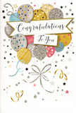 This congratulations card appears like a joyful still life of a celebration, the sort of finishing touch a Manor House florist might recommend to accompany a bouquet for exam results or a long-awaited promotion. At its centre floats a generous cluster of balloons, rounded and full, layered so they seem to gently press against one another. They're coloured in a sophisticated palette of soft metallic golds and silvers, warm champagne, cool sky blue, blush pink, and gentle grey, each balloon given its own character through pattern and texture. Some are traced with dainty stars, others with neat stripes or scattered dots, and a few shimmer as if covered in fine glitter, catching the light at different angles. The strings trail down in delicate arcs of gold and silver, curling in loose ribbons that intertwine like the decorative ties we fasten around gift bouquets heading out along Seven Sisters Road. A flowing banner drapes gracefully across the middle of the balloon cluster, proudly displaying the message "Congratulations To You" in elegant calligraphy that balances formality with warmth. All around, the background is lightly sprinkled with metallic stars, confetti-like flecks, and swirling ribbon motifs, creating the illusion of motion and airiness, as though the balloons are drifting upward in a softly lit room. The colour scheme remains gentle and chic, making the card suitable for all kinds of milestones-from graduations to new jobs or housewarmings in Manor House. It communicates joy, admiration, and pride without overwhelming the senses, like a quiet but radiant "well done" that someone can keep and treasure long after the flowers have faded.
